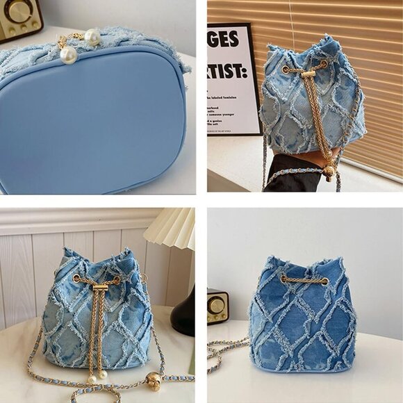 Small Denim Bucket Bag, Jean Purses for Women Denim Crossbody Bags Hobo Bag Draw - Picture 3 of 7